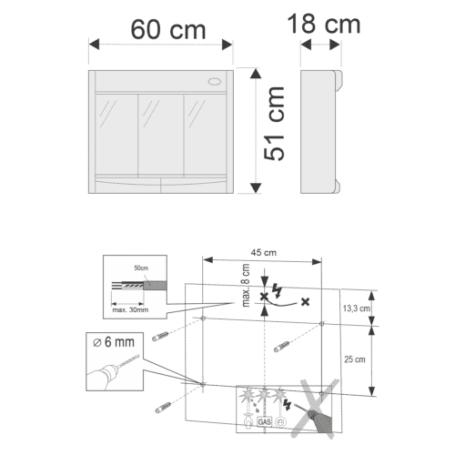 SAPHIR szafka z lustrem 60x51x18cm, jarzeniówka T8,1x15W, biały plastik