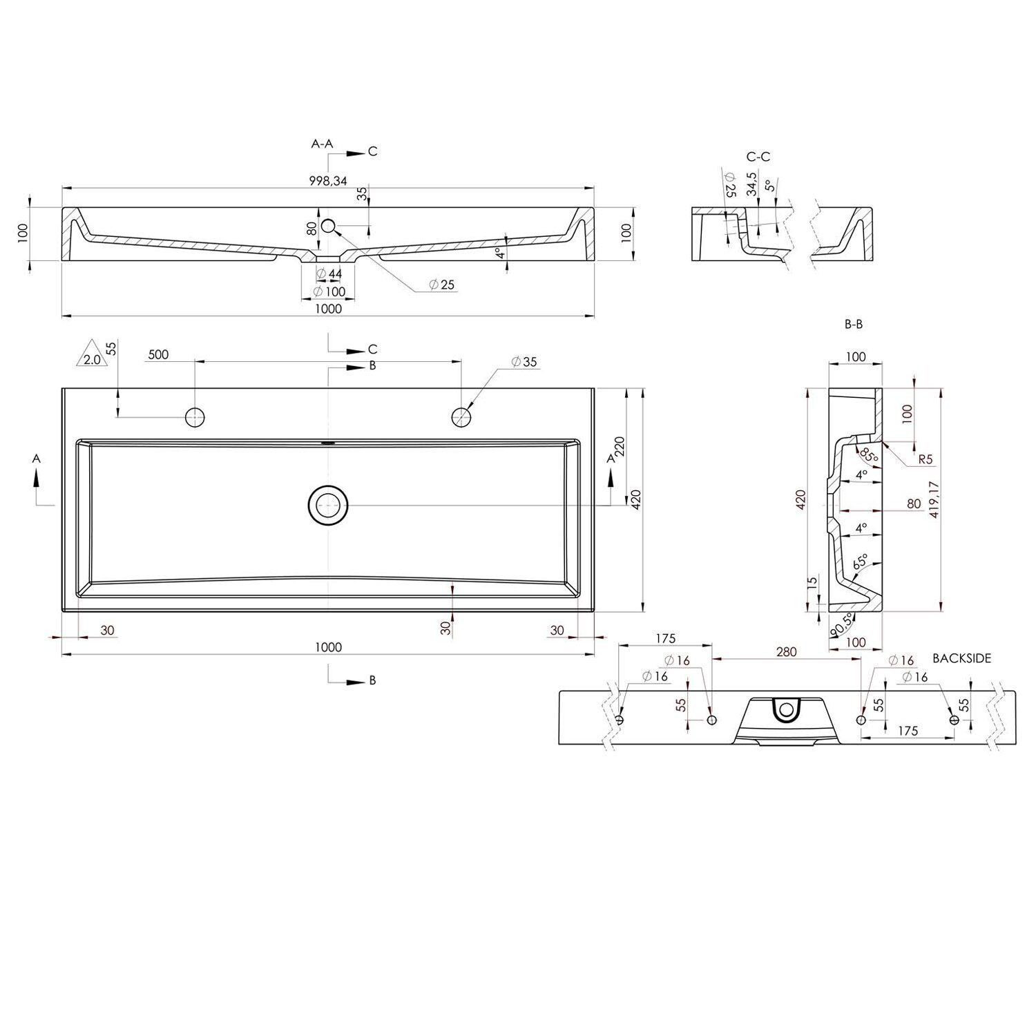 ORINOKO umywalka kompozytowa 100x42cm, 2 otwory na baterie,biała ORINOKO umywalka kompozytowa 100x42cm, 2 otwory na baterie,biała