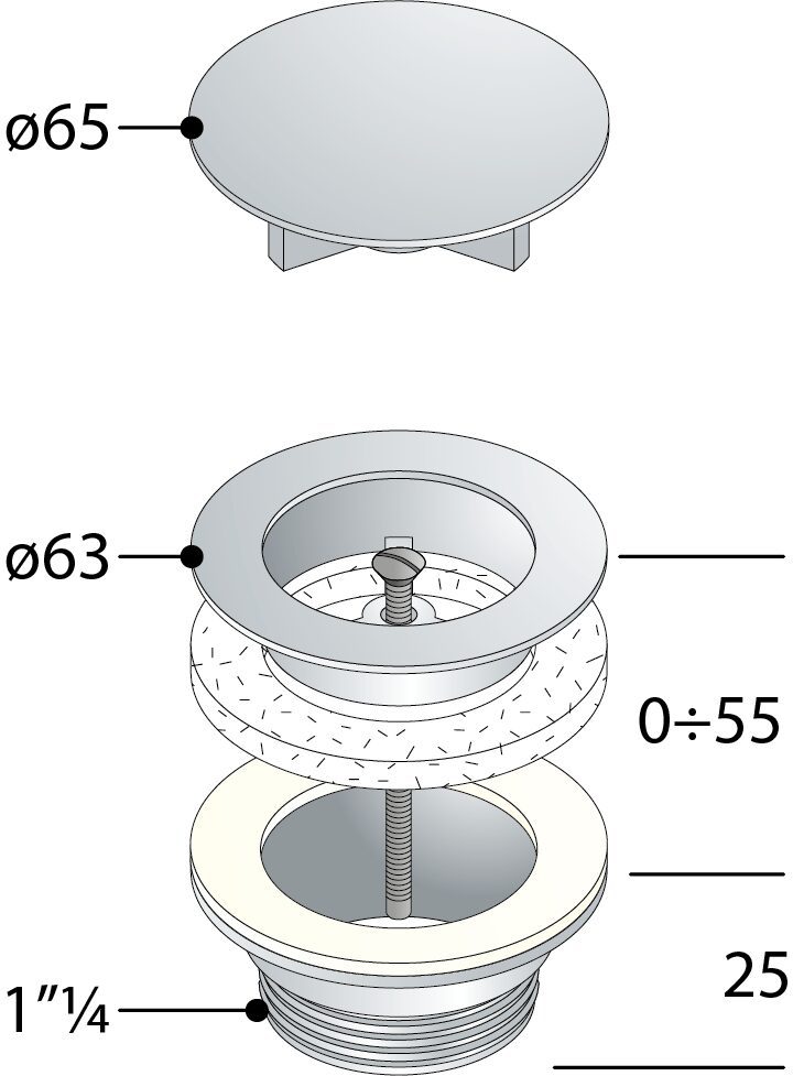 Korek umywalkowy 5/4“ niezamykany duży grzybek wys. 10-55mm chrom Korek umywalkowy 5/4“ niezamykany duży grzybek wys. 10-55mm chrom