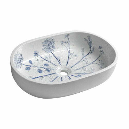 PRIORI umywalka ceramiczna 60x13,5x40 cm biała z niebieskim wzorem