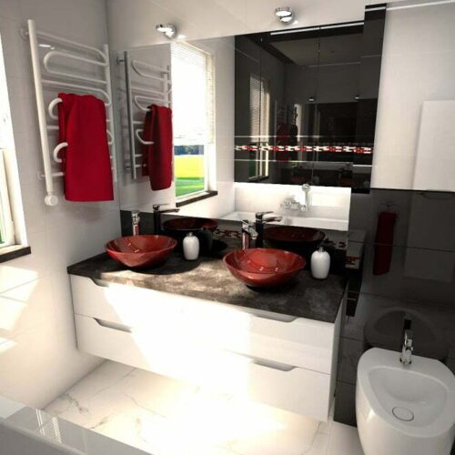 190.-lazienka-czarno-biala-z-czerwona-moazika-i-czerwonymi-szklanymi-umywalkami-bathroom-black-and-white-and-red-mosaic-and-red-sink
