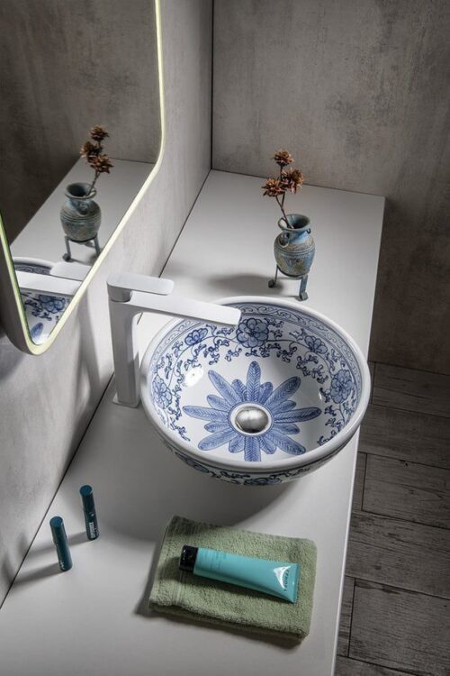 PRIORI umywalka ceramiczna, średnica 41 cm, biała z niebieskim wzorem