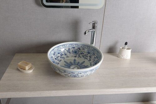PRIORI umywalka ceramiczna, średnica 41 cm, biała z niebieskim wzorem
