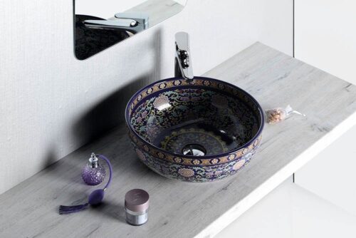 PRIORI umywalka ceramiczna, średnica 41 cm, 15 cm, fioletowy z ornamentami