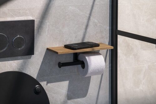 SKA podwójny wieszak na papier toaletowy z półką czarny mat/dąb