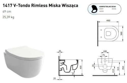 Misa WC V-Tondo Rimless 49 cm z deską Slim kolor kaszmir mat