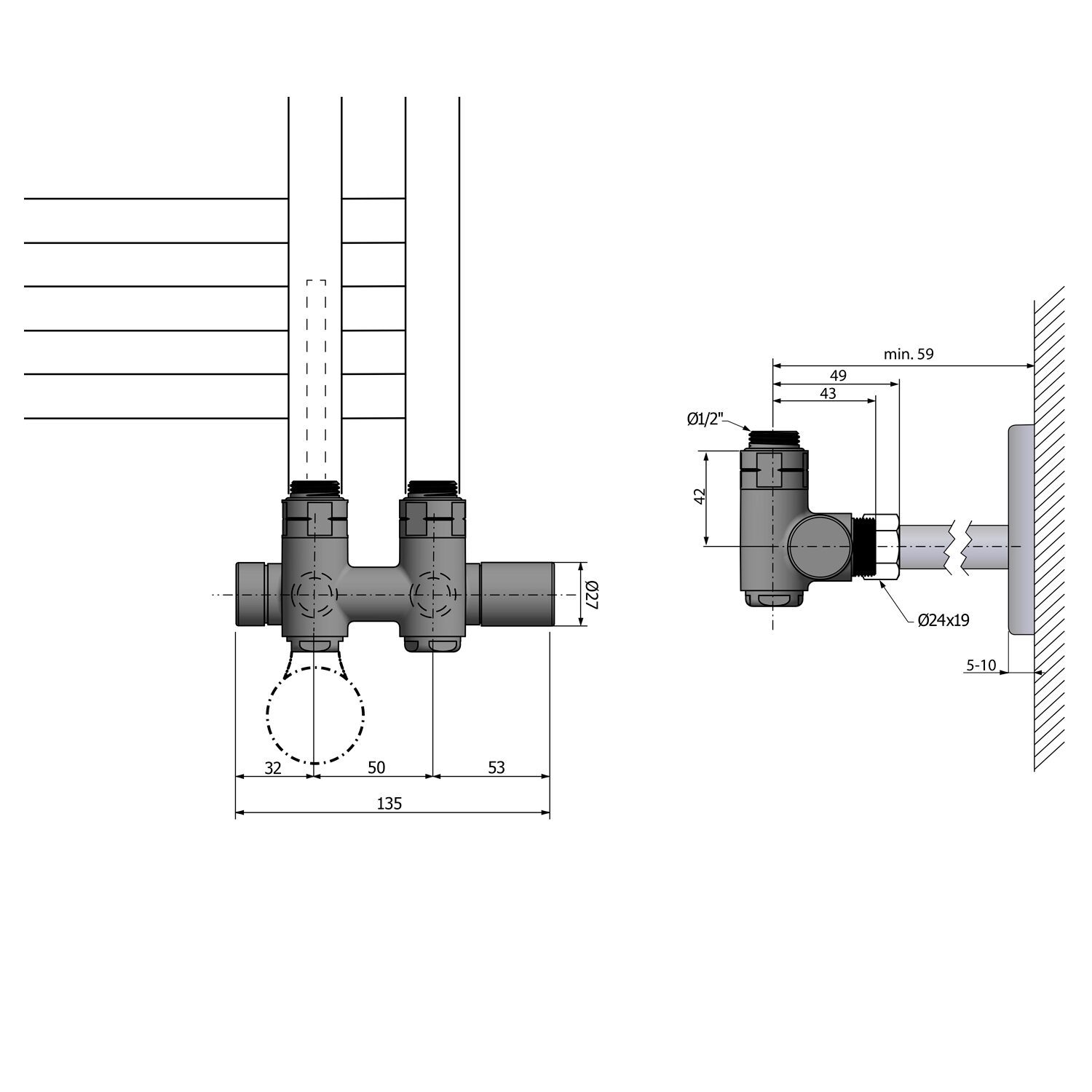 TWIN COMBI zestaw przyłączeniowy zespolony prawy rozstaw 50mm czarny mat TWIN COMBI zestaw przyłączeniowy zespolony prawy rozstaw 50mm czarny mat