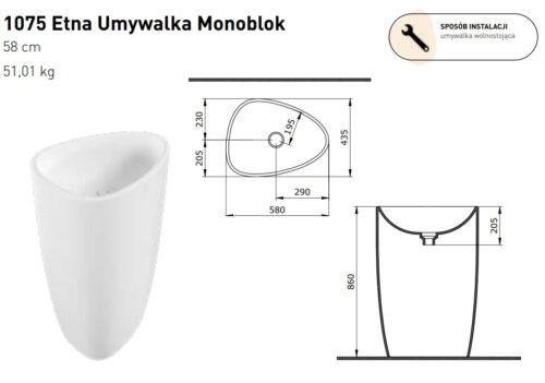 ETNA umywalka wolnostojąca Monoblok 58cm z zaślepką ceramiczną biała