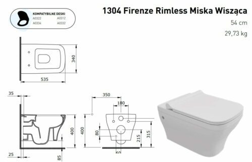 FIRENZE WC misa wisząca Rimless z deską SLIM 53,5x34cm biała