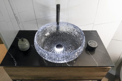 GAVIOTA szklana umywalka nablatowa średnica 42 cm przezroczysta dymiona