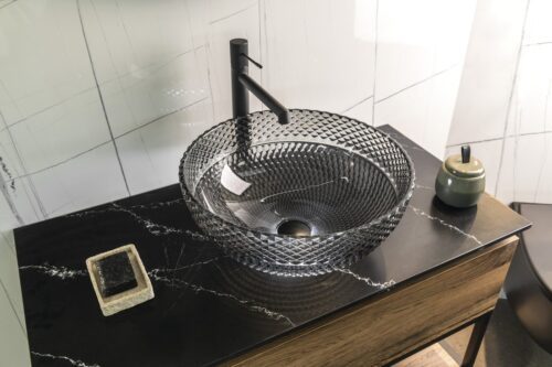 MARAC szklana umywalka nablatowa 39,5 cm czarna przezroczysta
