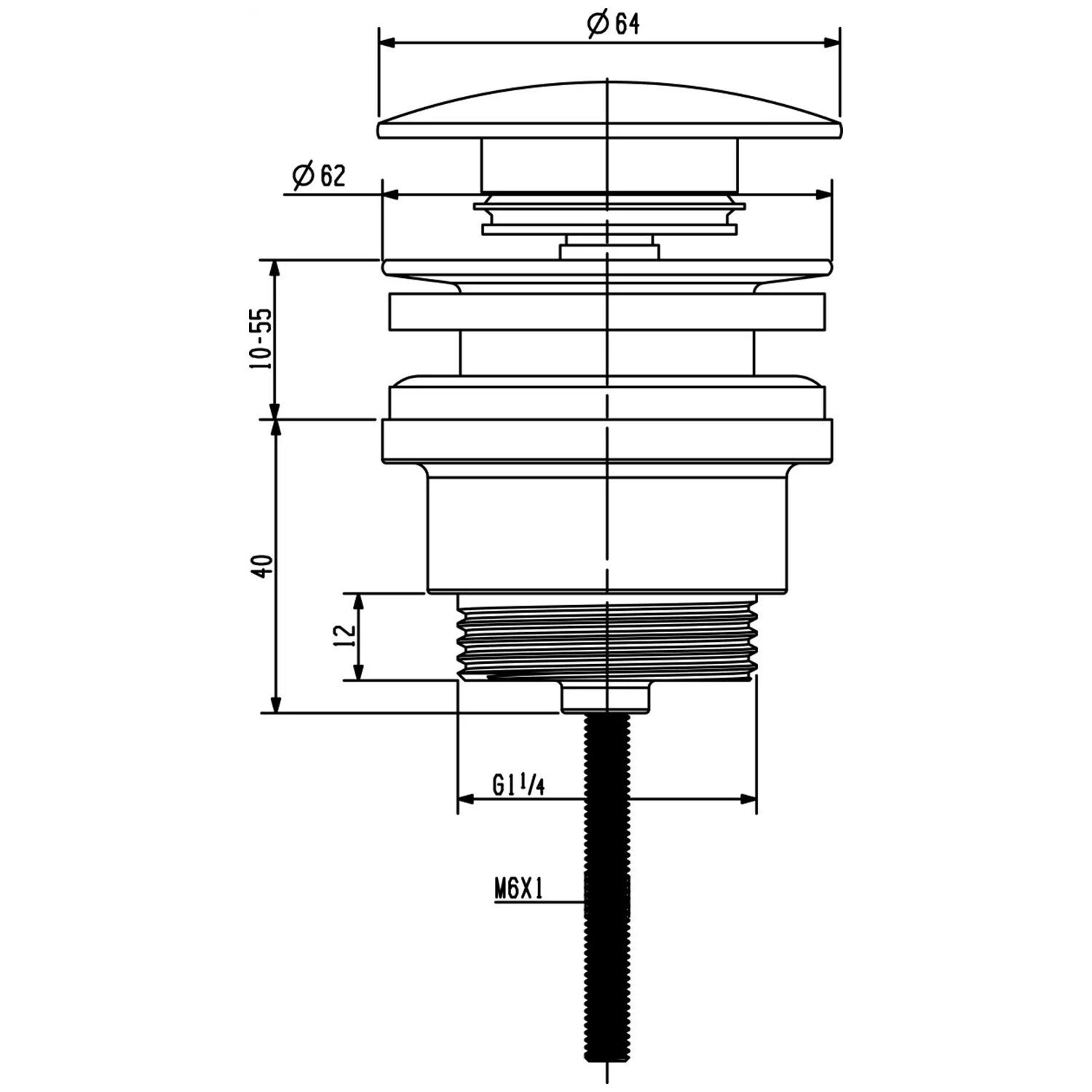 Korek umywalkowy 5/4“ klik-klak 10-55mm kolor gun metal Korek umywalkowy 5/4“ klik-klak 10-55mm kolor gun metal
