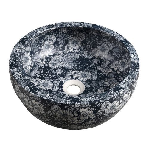 PRIORI umywalka ceramiczna nablatowa okrągła 41 cm niebieska/białe kwiaty