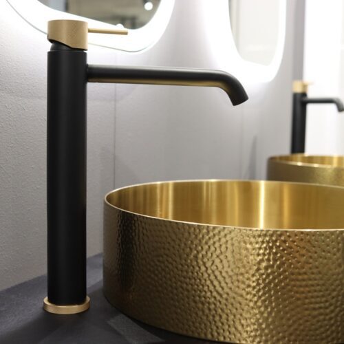 AURUM umywalka nablatowa okrągła 38 cm z korkiem stal nierdzewna kuty metal złoty mat