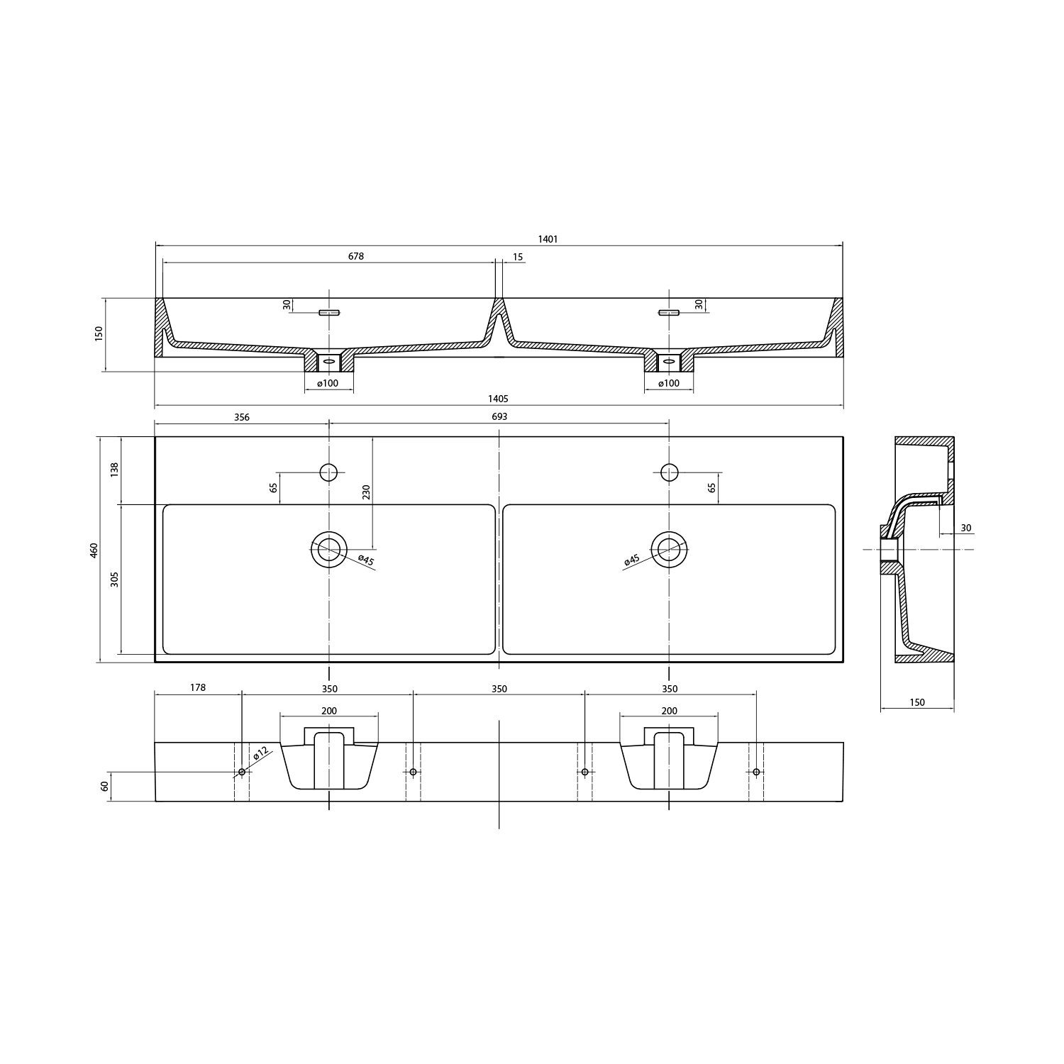 AQUATIC umywalka podwójna kompozytowa 140x46 cm biały AQUATIC umywalka podwójna kompozytowa 140x46 cm biały