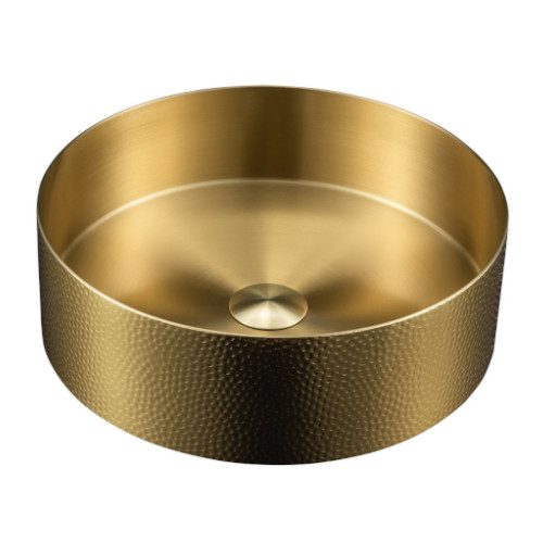 AURUM umywalka nablatowa okrągła 38 cm z korkiem stal nierdzewna kuty metal złoty mat