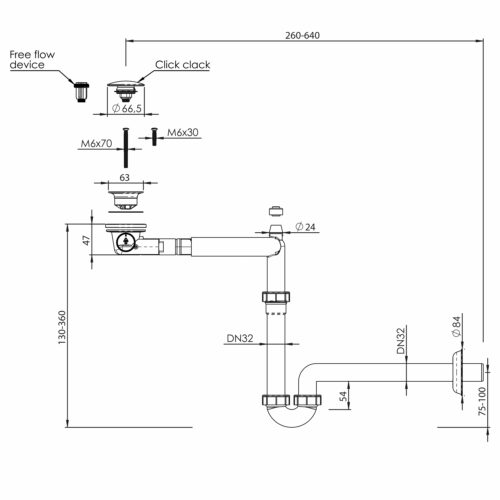 URBINO syfon umywalkowy oszczędzający miejsce, korek klik-klak, 5/4", odpływ 32mm, czarny mat