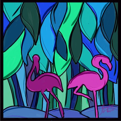 Autorska Grafika do druku Flamingi witraż niebieski format 40x40cm - ilustracja artystyczna