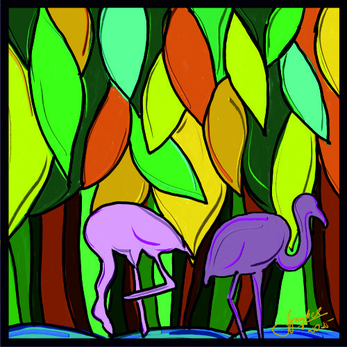 Autorska Grafika do druku Flamingi witraż pomarańczowy format 40x40cm - ilustracja artystyczna