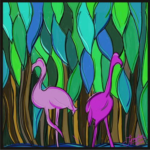 Autorska Grafika do druku Flamingi witraż zielony format 40x40cm - ilustracja artystyczna