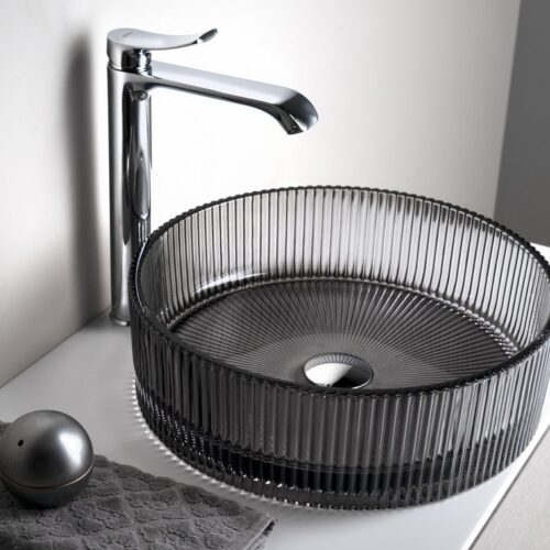 ANHELO grawerowana szklana umywalka nablatowa okrągła 39,5cm czarne szkło