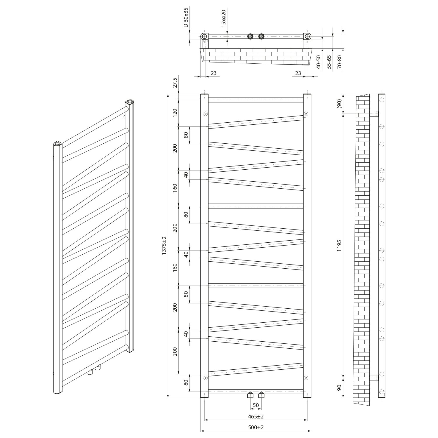 ANNALISA grzejnik łazienkowy 500x1375mm, podłączenie centralne, czarny mat ANNALISA grzejnik łazienkowy 500x1375mm, podłączenie centralne, czarny mat